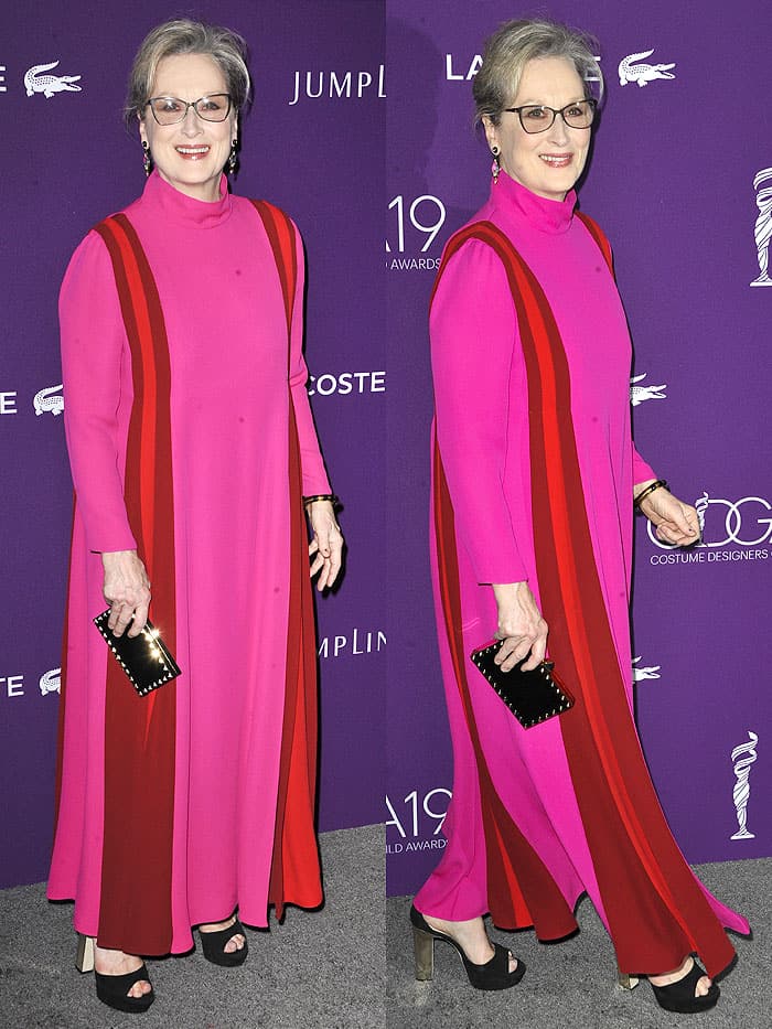 Meryl Streep in a pink and red Valentino Spring 2017 midi dress at the 2017 Costume Designers Guild Awards
