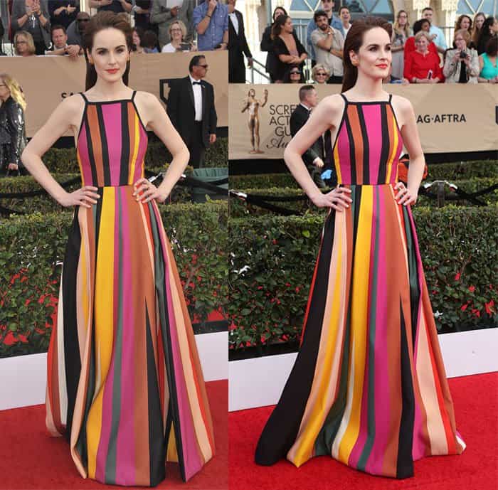 Michelle Dockery showcases how to effortlessly wear bold multicolor stripes with this vibrant Elie Saab gown, styled with sleek hair and minimal accessories to let the dress shine