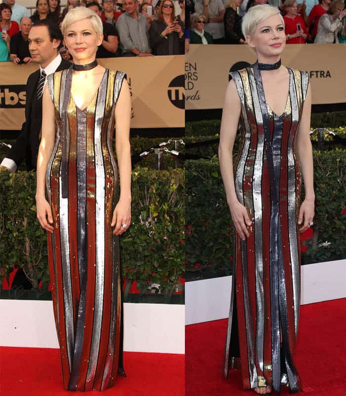 Michelle Williams in a metallic Louis Vuitton dress