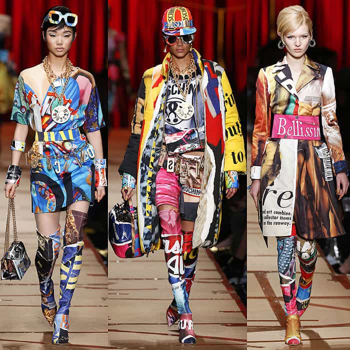 Models showcase Moschino's Fall 2017 collection, with clothing made to appear as if crafted from torn fashion magazine pages, paired with bold, avant-garde footwear that highlights the brand's signature creativity