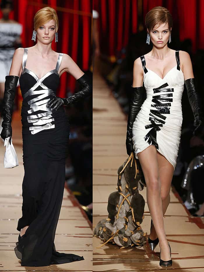 Models in duct-taped dresses with a rolled-up paper bag and a stole made out of stuffed rats as accessories