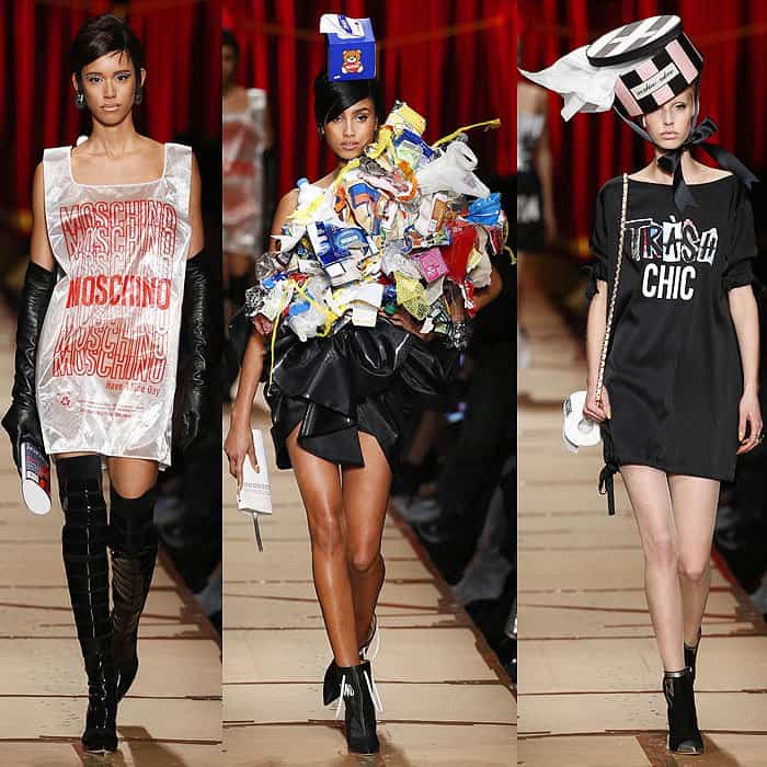The models are wearing a Moschino plastic bag dress paired with thigh-high boots, a Hefty bag dress topped with a pile of trash and ankle boots, and a 'Trash Chic' dress styled with sleek black footwear