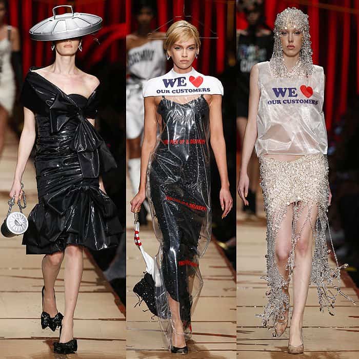 Models wearing a garbage bag dress with a trash can lid hat, a dry cleaning bag dress with a sock handbag, and a plastic bag top with a crystal-draped skirt