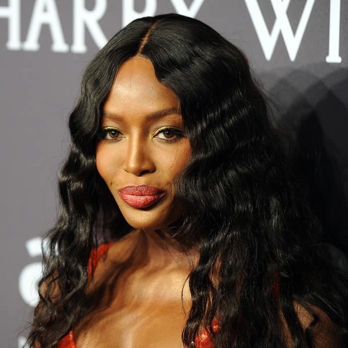 Naomi Campbell captivates with her bold red lips, shimmering gold eyeshadow, and glossy waves framing her striking features