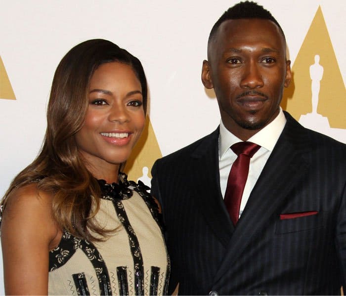 Naomie Harris poses with Moonlight co-star Mahershala Ali