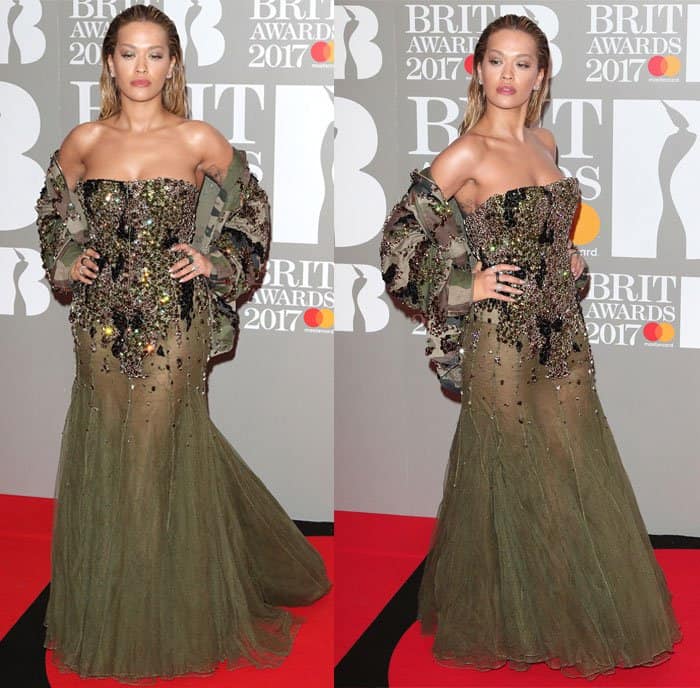 Rita Ora stuns in a sparkling olive-green Alexandre Vauthier gown with dramatic embellishments at the Brit Awards 2017