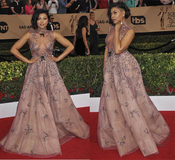 Taraji P. Henson in Reem Acra gownTaraji P. Henson stuns in a whimsical Reem Acra gown with delicate floral embellishments, proving that a bold haircut and soft, feminine details create a striking contrast