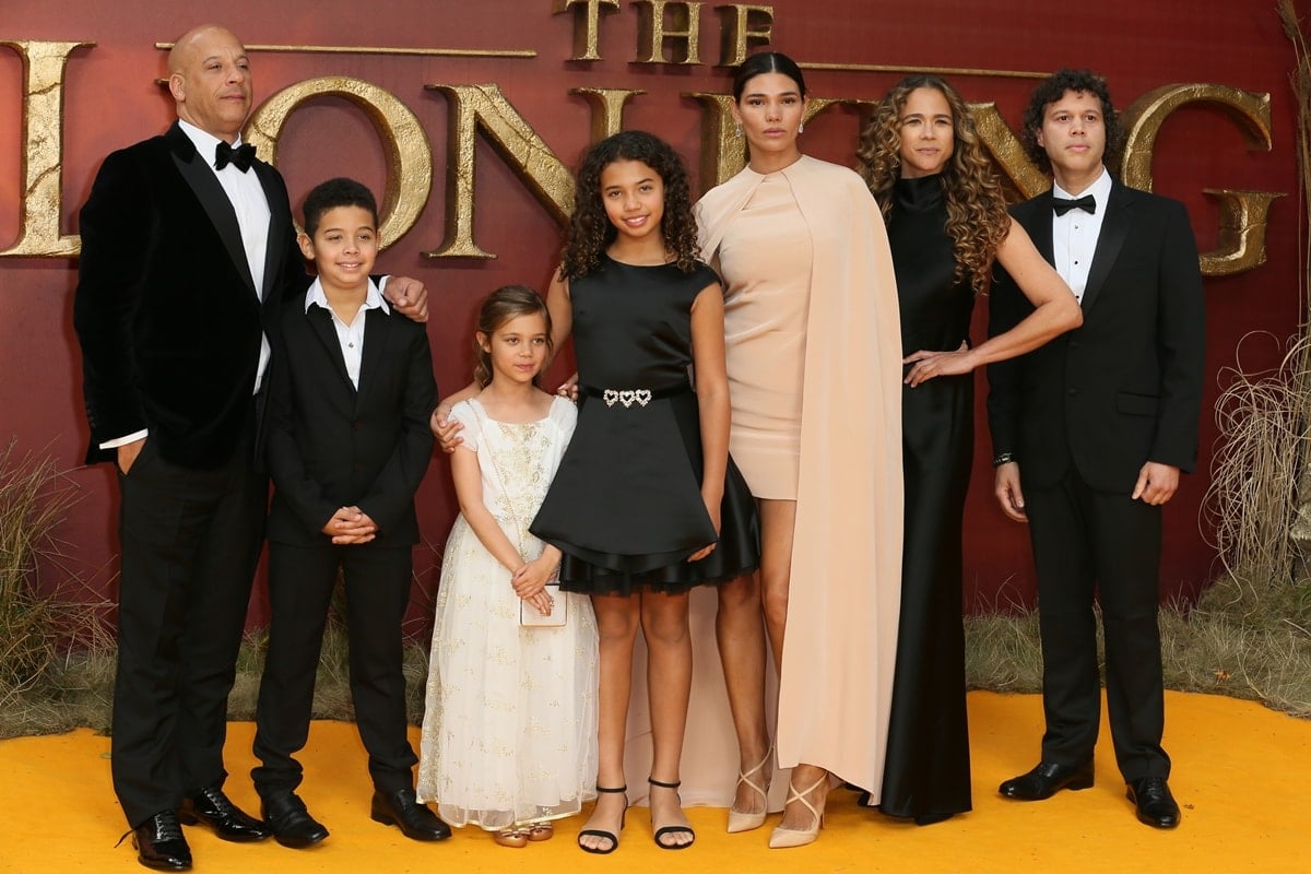 Vin Diesel with his girlfriend Paloma Jimenez, daughter Hania "Similce" Riley, son Vincent Sinclair, daughter Pauline, and other family at "The Lion King" European Premiere