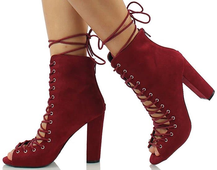 Wild Diva Faux-Suede Chunky-Heel Lace-Up Peep-Toe Booties