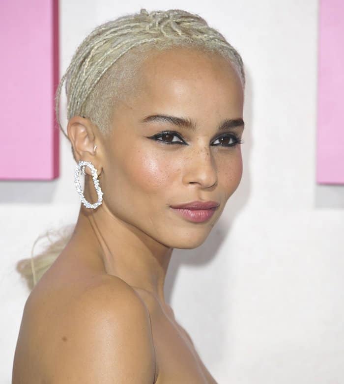 Zoë Kravitz accentuates her edgy platinum braided hairstyle with bold winged eyeliner and a fresh, glowing makeup look