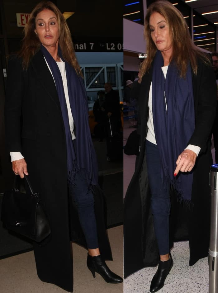 Caitlyn Jenner wearing black leather ankle boots at LAX