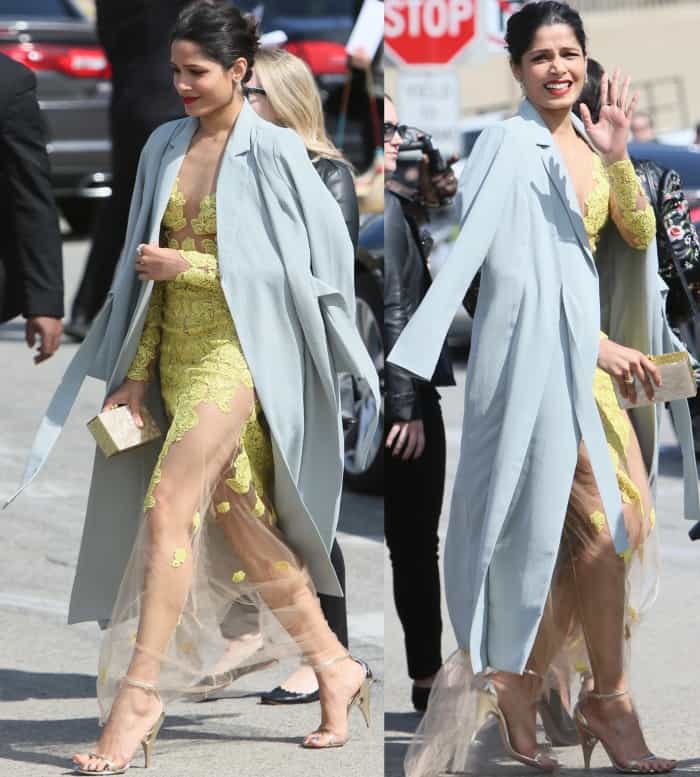 Freida Pinto's yellow gown features long sleeves and floral lace embroidery in addition to a floor-length sheer skirt