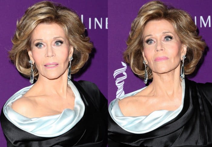 Jane Fonda styled her signature voluminous tousled bob to perfection, complementing the look with dangling statement earrings that added a touch of sparkle and sophistication