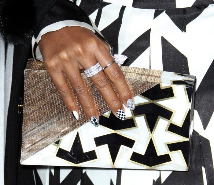 Janelle Monáe’s geometric manicure perfectly complemented her striking black-and-white Emm Kuo “Gehry” clutch