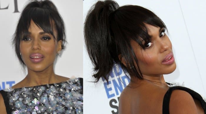 Kerry Washington rocked a chic high ponytail with soft, face-framing bangs, paired with a glowing makeup look featuring dewy skin, subtle blush, and a glossy pink lip