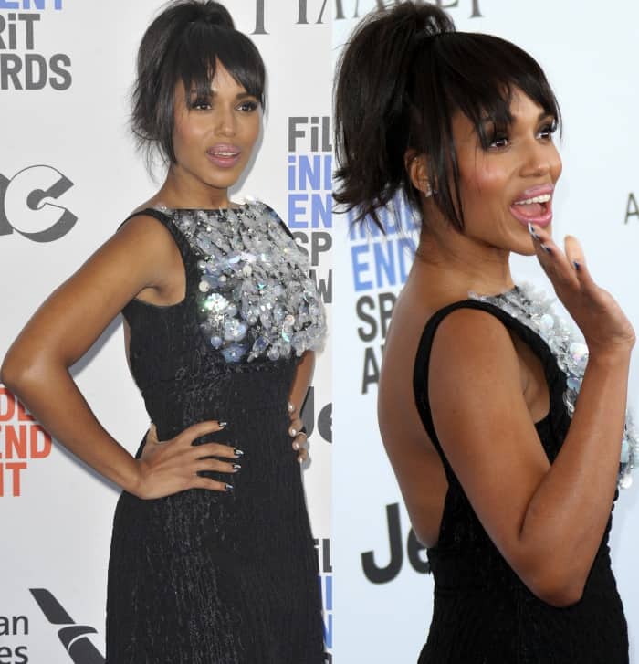 Kerry Washington stuns with her flawless nude manicure and shimmering Prada dress featuring crystal embellishments and a daring low back