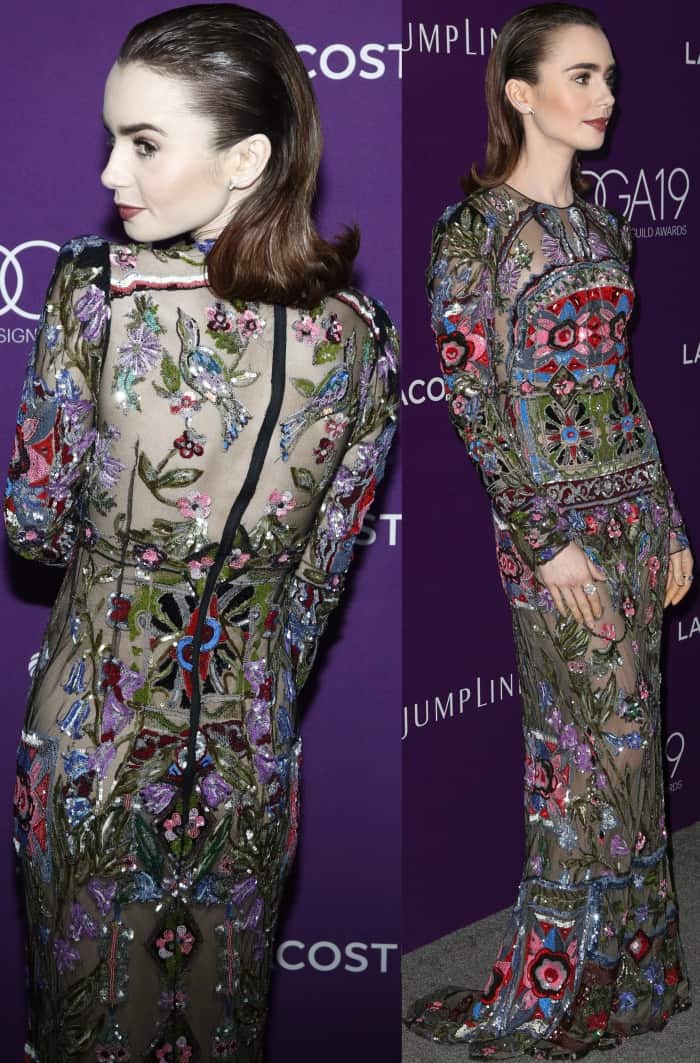 Lily Collins stuns in a sheer, floral-embroidered Alexander McQueen gown featuring intricate sequin detailing and a sheer back, showcasing her elegant style at the 19th Costume Designers Guild Awards