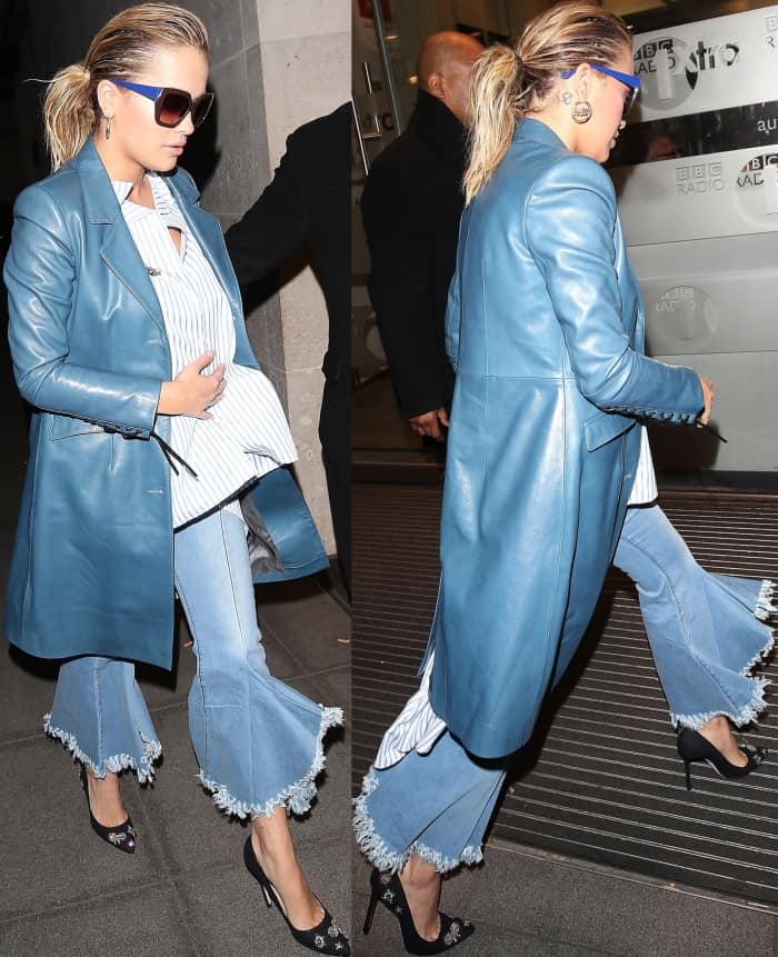 Rita Ora wearing Jimmy Choo 'Romy' embellished pumps at the BBC Radio 1 studios