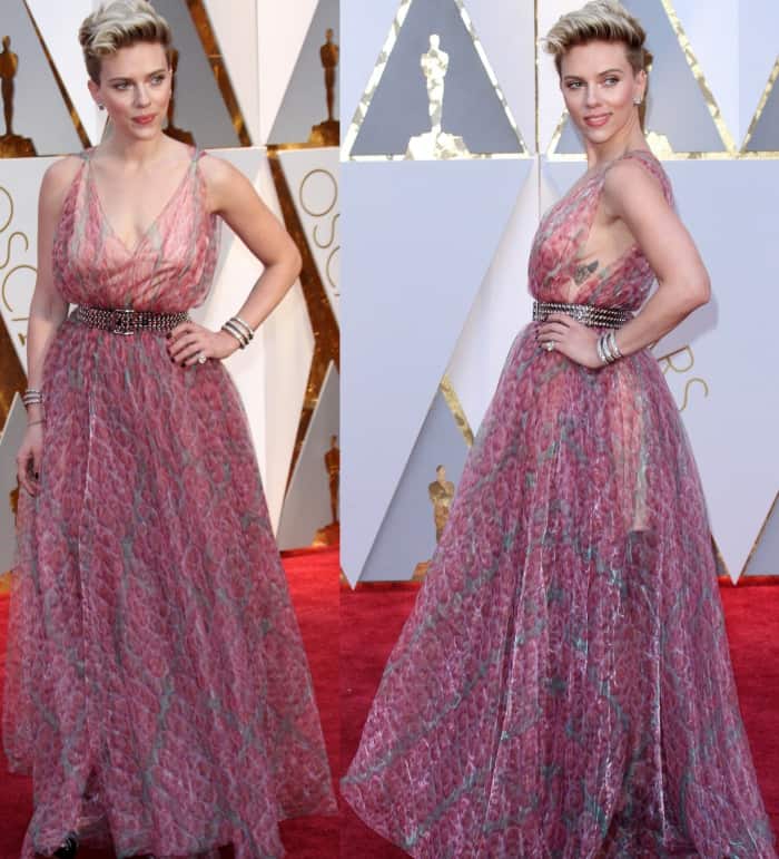 Scarlett Johansson wearing a pink printed gown from Azzedine Alaia at the 2017 Oscars