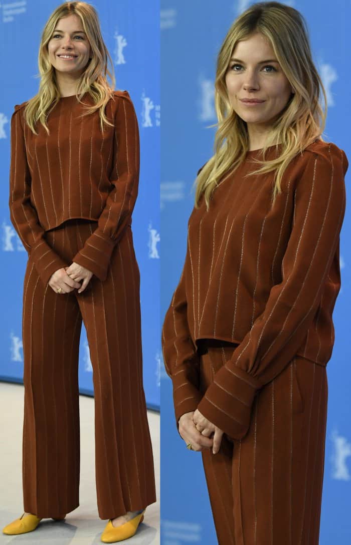 Sienna Miller wearing a tan two-piece striped suit 
