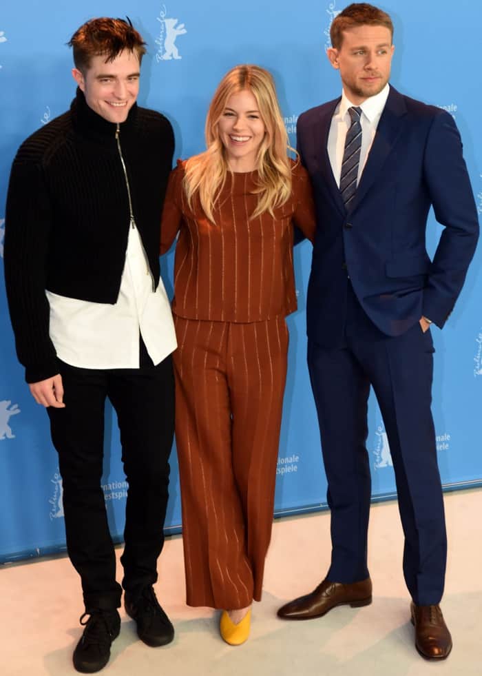 Sienna Miller with Robert Pattinson and Charlie Hunnam at "The Lost City of Z" press conference during the 67th Berlin International Film Festival