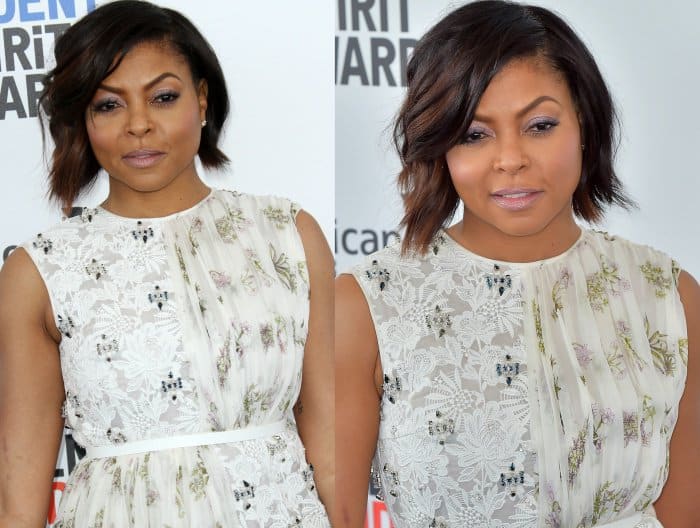 Taraji P. Henson's hair was styled in a side-parted wavy bob, and her makeup was done in pastel hues