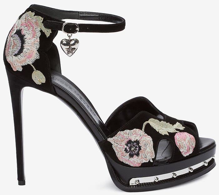 Alexander McQueen Poppy-Embroidered Suede Platform Sandals