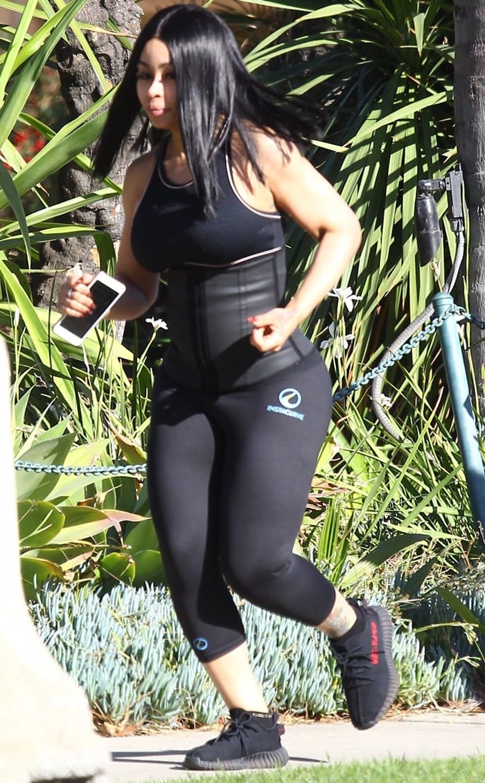 Blac Chyna wears sneakers designed by Kanye West while jogging in Studio City