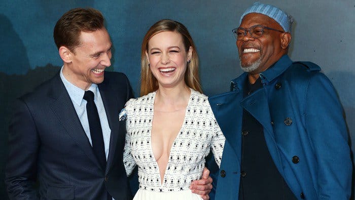 Brie Larson with her co-stars Tom Hiddleston and Samuel L. Jackson