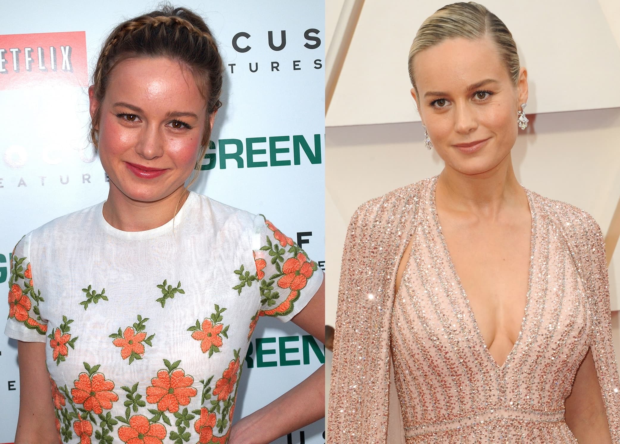 Brie Larson, rumored to have undergone breast augmentation, shows a noticeable difference in her bust size between 2010 (left) and 2020 (right)