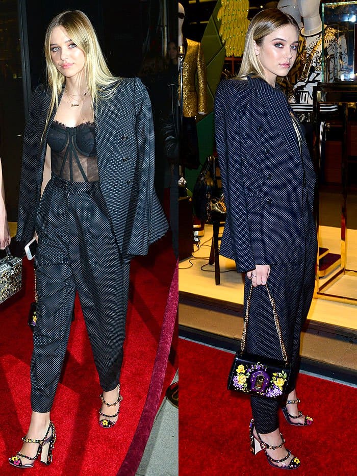 Delilah Hamlin went bold with a structured pant-suit and eye-catching floral heels that added a playful touch to her look