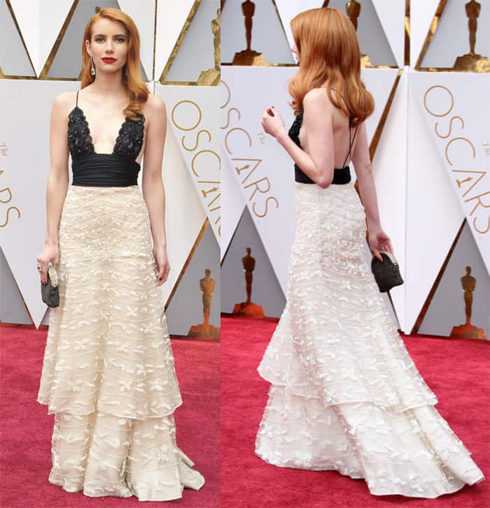 Emma Roberts shines in a sustainable Armani Privè gown, featuring a black lace bodice and tiered ivory skirt, combining eco-conscious elegance with Old Hollywood charm