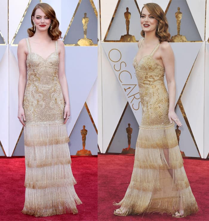 Emma Stone dazzles at the 89th Annual Academy Awards, held at the Dolby Theatre in Hollywood on February 26, 2017, wearing a stunning gold-toned Givenchy gown with intricate beadwork and a dramatic fringe detail that exudes 1940s-inspired glamour