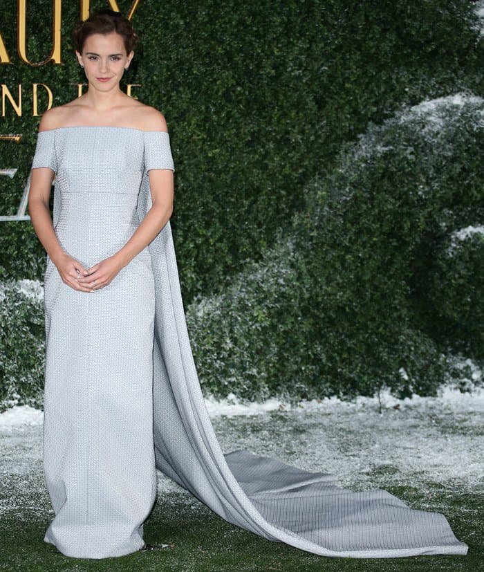 Emma Watson donning an enchanting off-the-shoulder gown in a breathtaking icy blue hue at the "Beauty and the Beast" launch event held at the Spencer House in London