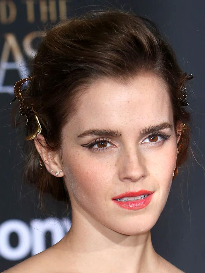 Emma Watson wearing Adir x LeletNY gold hair wreath jewelry at the "Beauty and the Beast" world premiere.