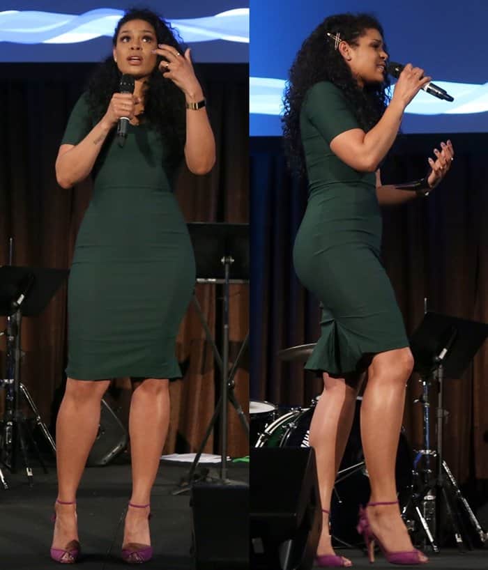 Jordin Sparks commands the stage in a chic emerald dress, pairing her powerful vocals with an equally impactful style