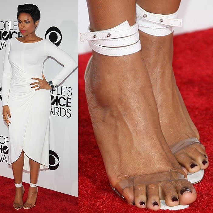 Jennifer Hudson with a bad toe overhang in Manolo Blahnik clear-strap ankle-wrap sandals