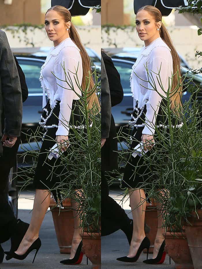 Jennifer Lopez's Givenchy pearl-embellished ruffle-front blouse