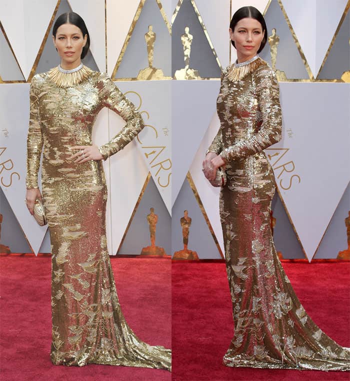 Jessica Biel makes a statement in gold Kaufman Franco gown. 