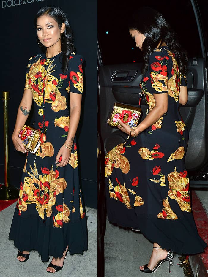 Jhene Aiko made a statement in a printed dress and black satin sandals adorned with crystal-encrusted filigree heels, exuding bohemian elegance.