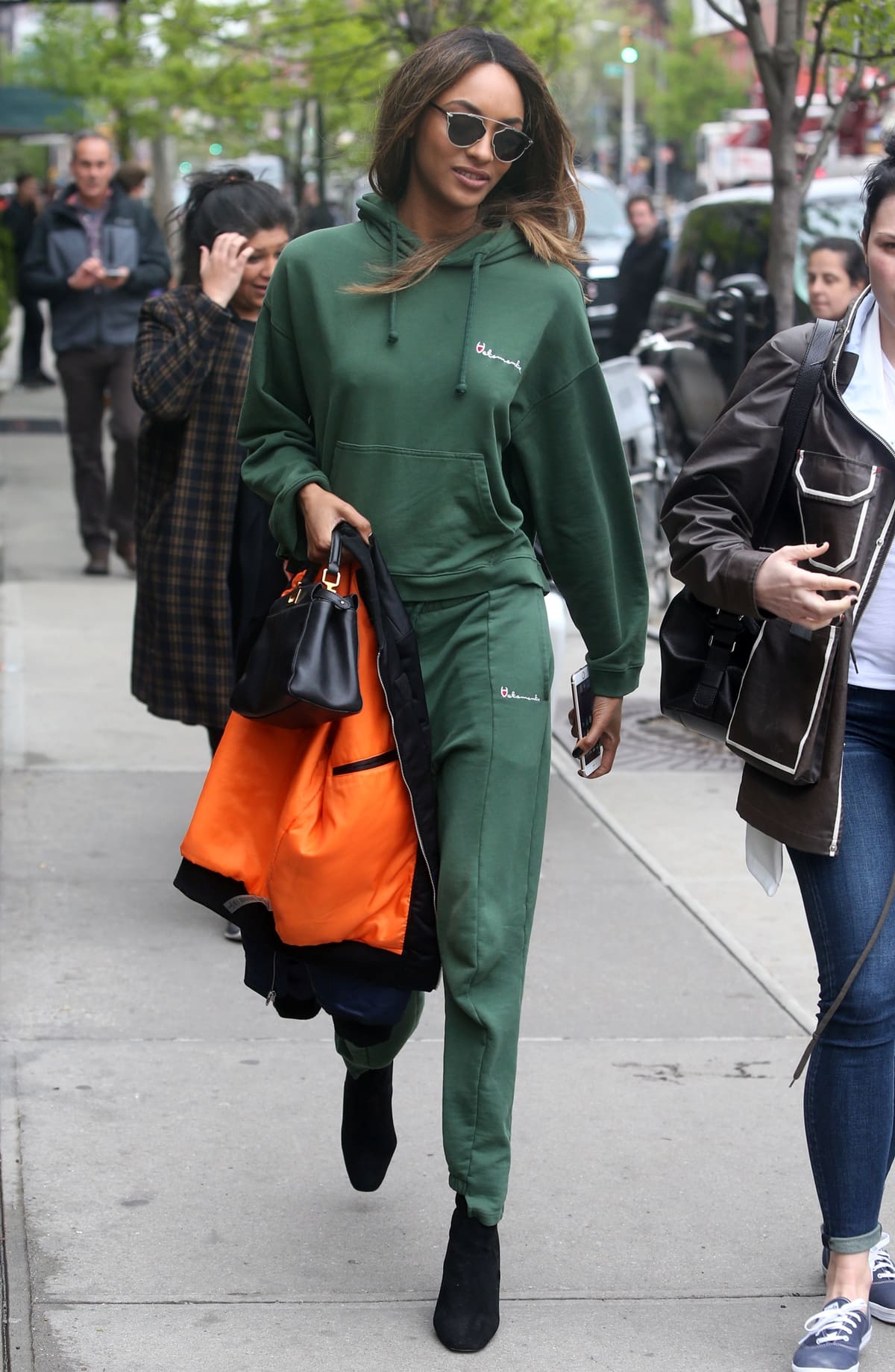 Jourdan Dunn was spotted in a $1,386 emerald green Vetements sweatshirt and track pants ensemble