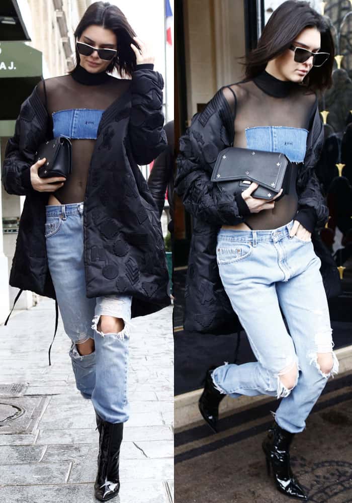 Kendall Jenner turns heads in Paris on March 6, 2017, pairing a Sami Miro Vintage bodysuit and distressed jeans with pointed-toe patent boots and a Givenchy Bow-Cut bag