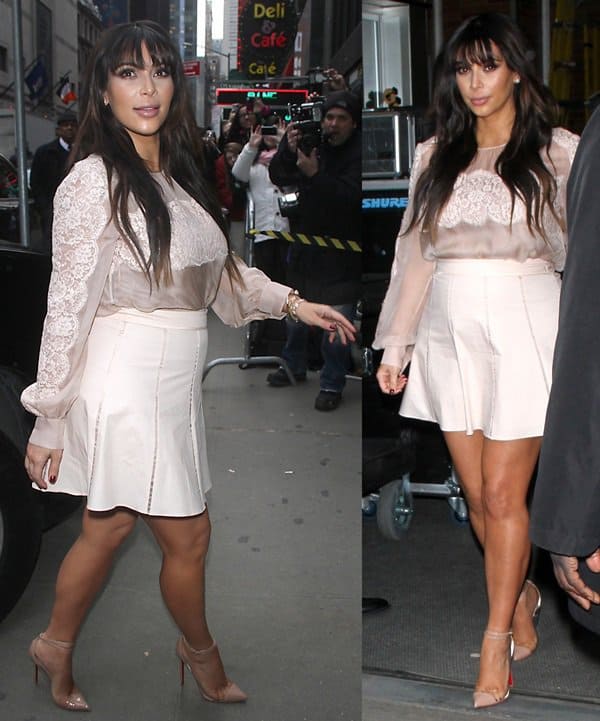 Kim Kardashian exudes elegance in a Valentino lace-trimmed silk blouse, a Salvatore Ferragamo pleated skirt, and Christian Louboutin Un Bout pumps