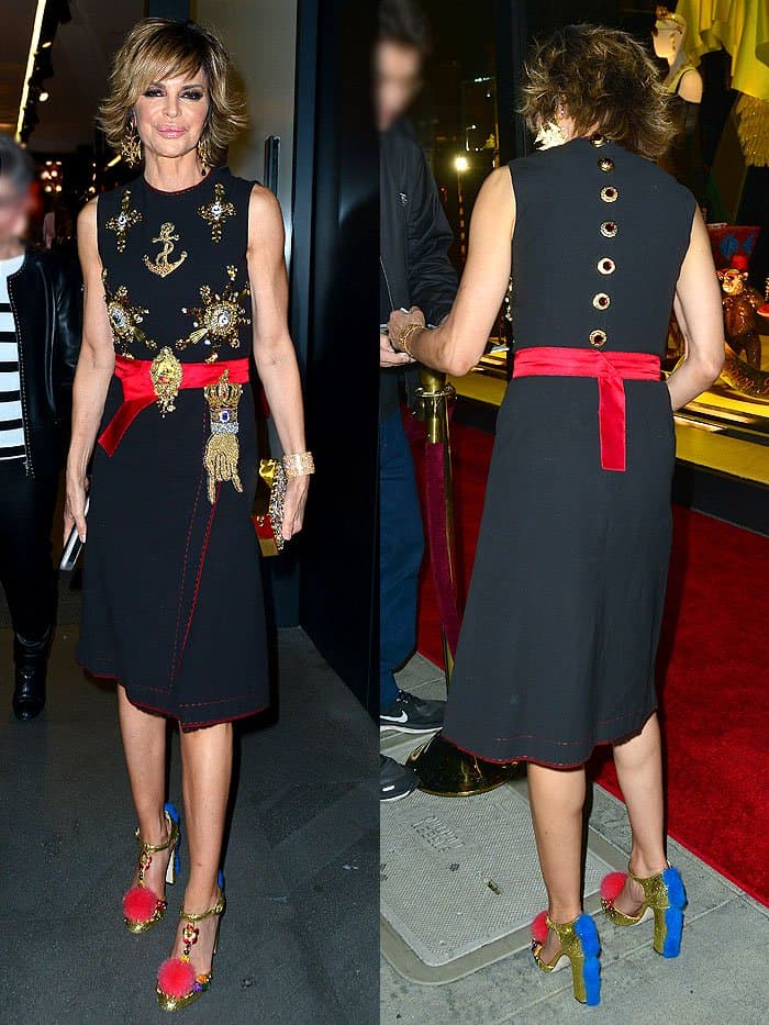 Lisa Rinna turned heads in a black dress adorned with nautical-inspired embellishments, paired with quirky, glittery heels featuring fur details