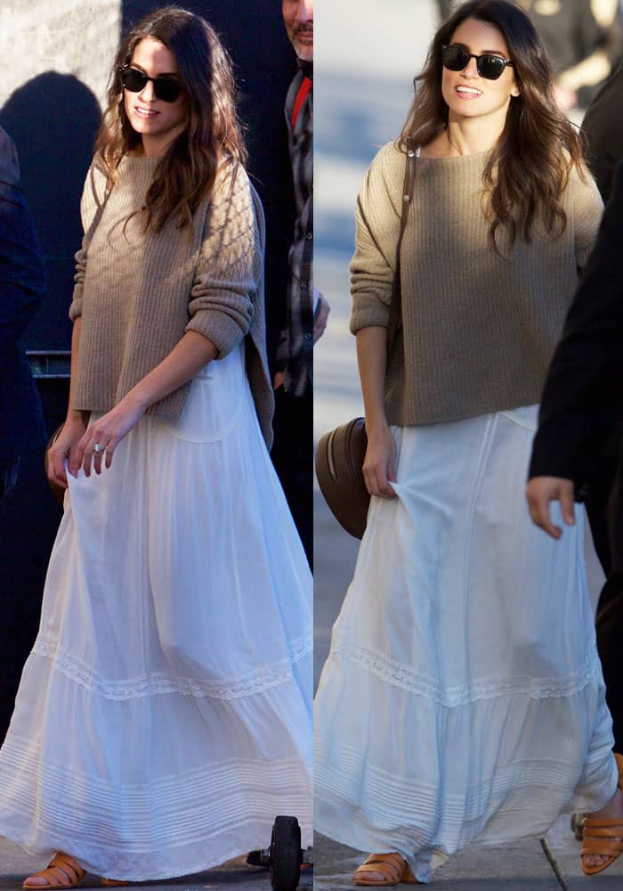 Nikki Reed tucked a billowy white skirt underneath a knitted sweater