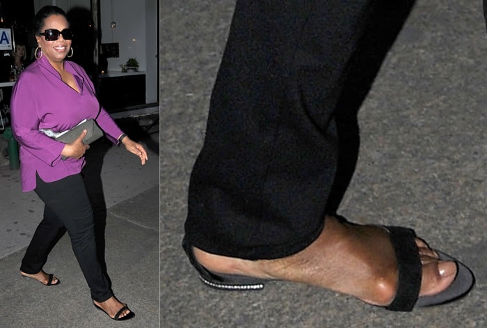 Oprah Winfrey exposing her foot bunion while leaving ABC Kitchen restaurant in Manhattan on April 5, 2012