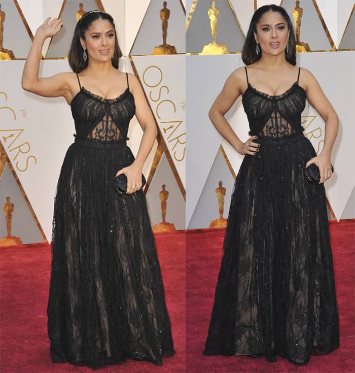 Salma Hayek looks queenly in a sheer black gown. 