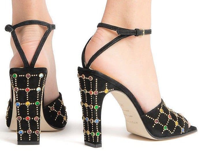 Sergio Rossi SR1 Black Suede Sandals with Multicolor Glass Gems