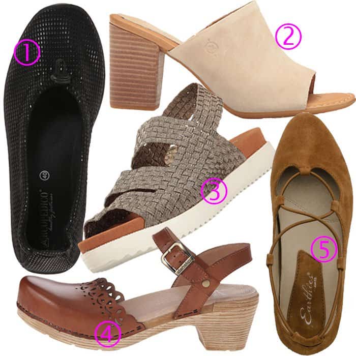 A versatile collection featuring Arcopedico "L14" Flats (1), Born "Bima" Mules (2), Bernie Mev "Crisp" Sandals (3), Dansko "Marta" Mary-Jane Clogs (4), and Earthies "Essen" Ghillie Flats (5), offering stylish comfort and support for all-day wear