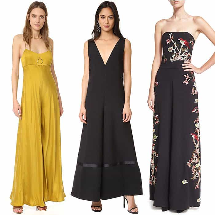 From L to R: Zimmermann 'Winsome' Bias Jumpsuit, Solace London 'Elanor' Jumpsuit, and Alice + Olivia 'Raven' Strapless Embroidered Wide-Leg Jumpsuit, perfect for chic and effortless style